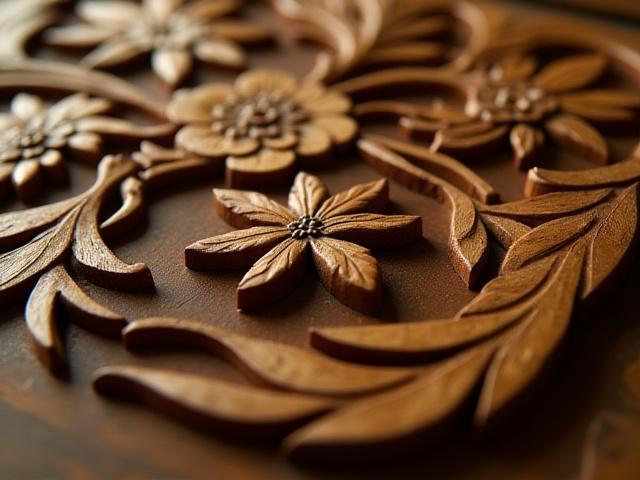 Dettaglio di pannello in legno intagliato a mano con motivi floreali, Airone Intaglio