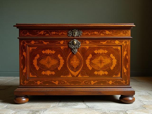 Restauro completo di antica cassapanca in legno intarsiato, Airone Intaglio