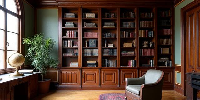 Libreria su misura con intarsi in legno scuro e dettagli dorati