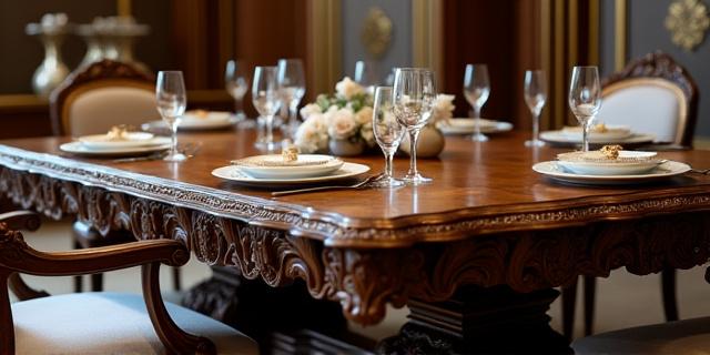 Tavolo da pranzo intagliato a mano in legno pregiato, stile barocco